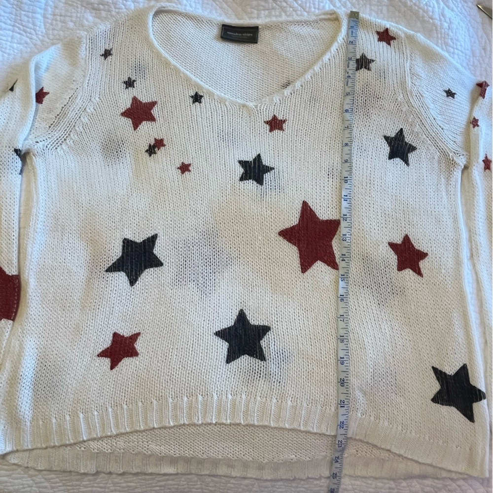Wooden Ships Paola Buendia Cotton V Neck Knit Sweater Americana USA Star Sz M/L - Picture 5 of 6
